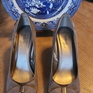 Madeline Brown Suede Heels with Gold Detail